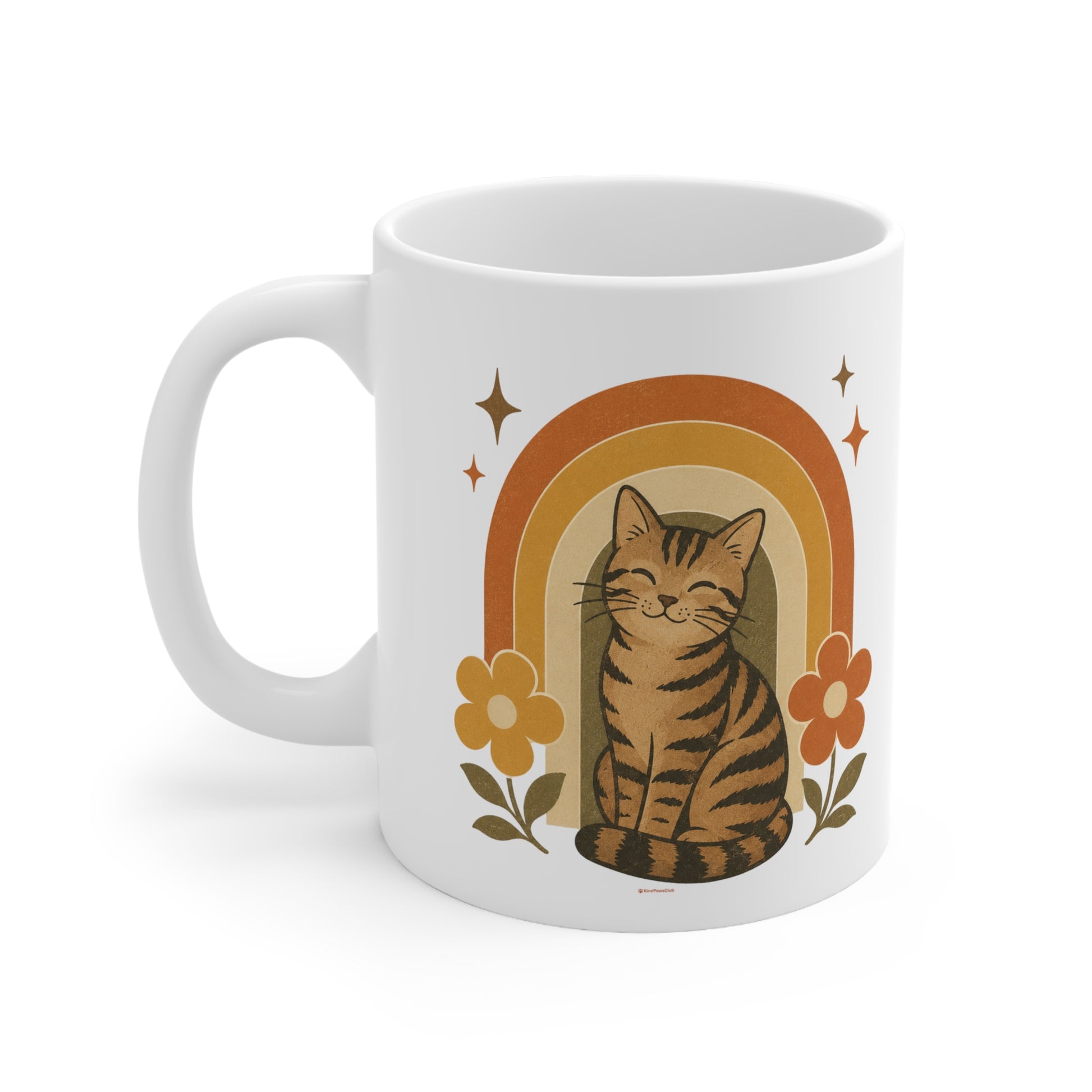 White mug with a cat illustration and rainbow design on a white background
