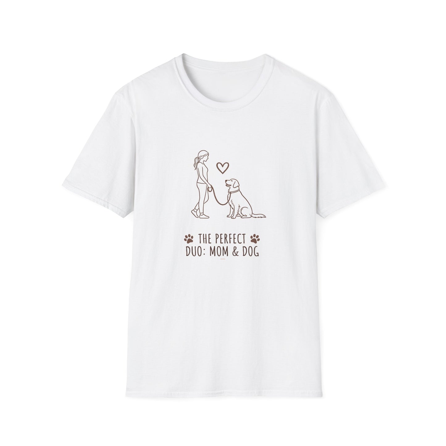 White t-shirt with a graphic of a woman and dog and text 'The Perfect Duo: Mom & Dog' on a white background
