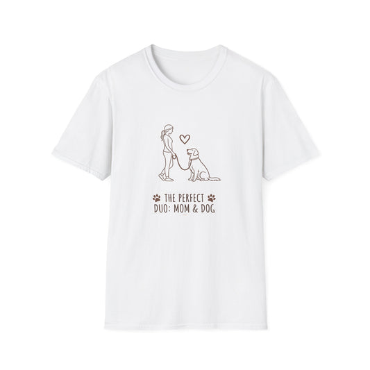 White t-shirt with a graphic of a woman and dog and text 'The Perfect Duo: Mom & Dog' on a white background