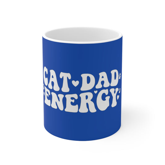 Cat Dad Energy Retro Mug | 11oz Groovy 70s Ceramic Coffee Cup