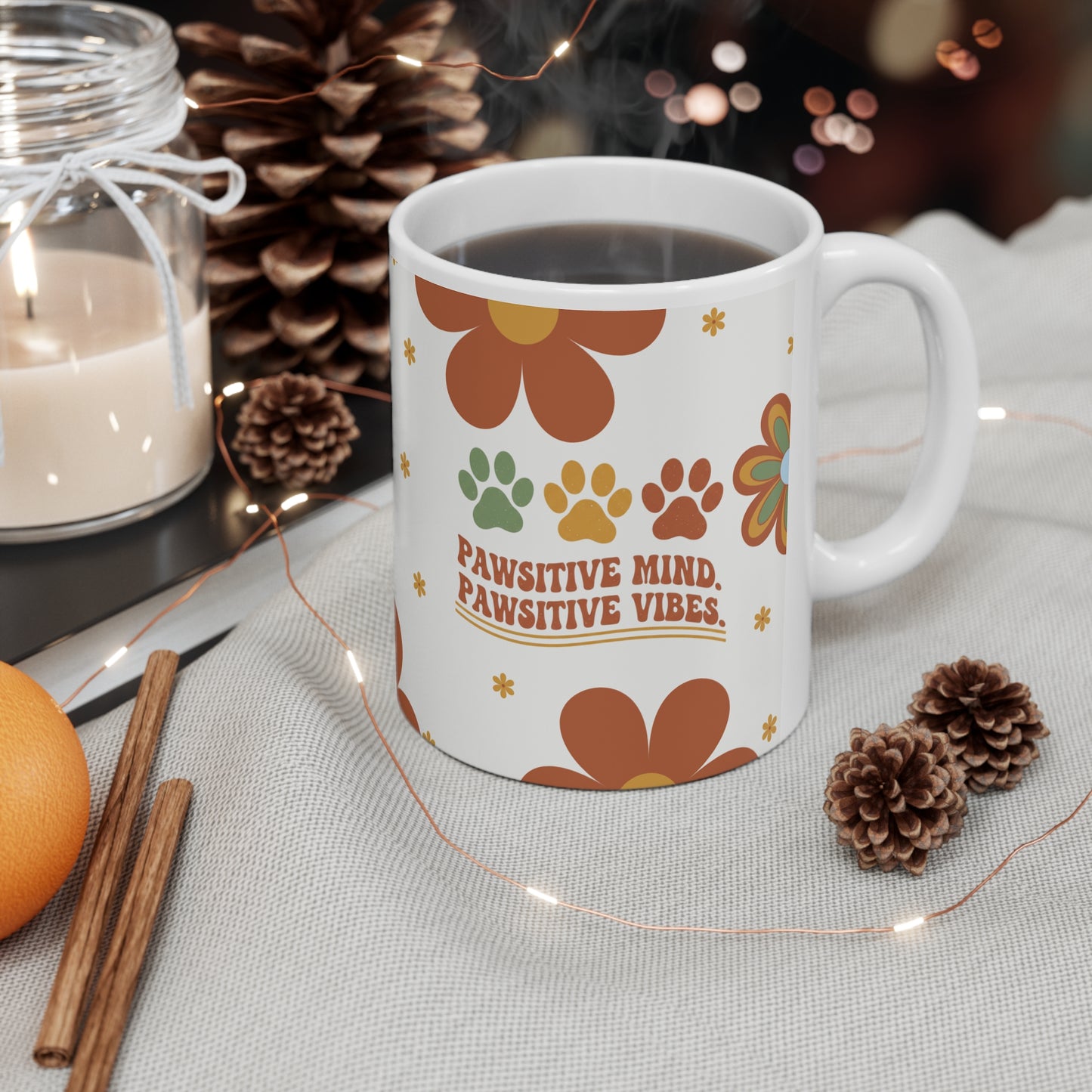 Pawsitive Mind" Retro Floral Mug – 70s Boho Aesthetic Dog Lover Coffee Cup