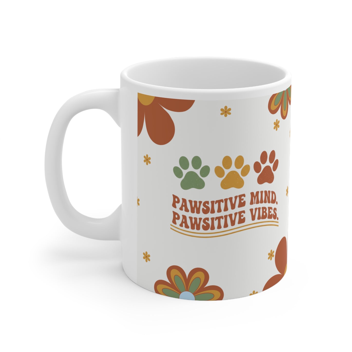 White mug with paw prints and text 'Pawsitive Mind, Pawsitive Vibes' on a white background