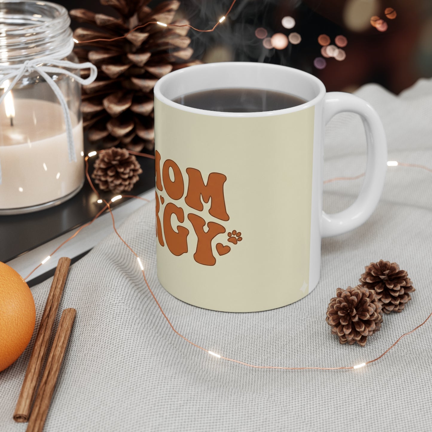 Dog Mom Energy Mug — Retro Paw Print Ceramic Coffee Cup (11oz & 15oz)