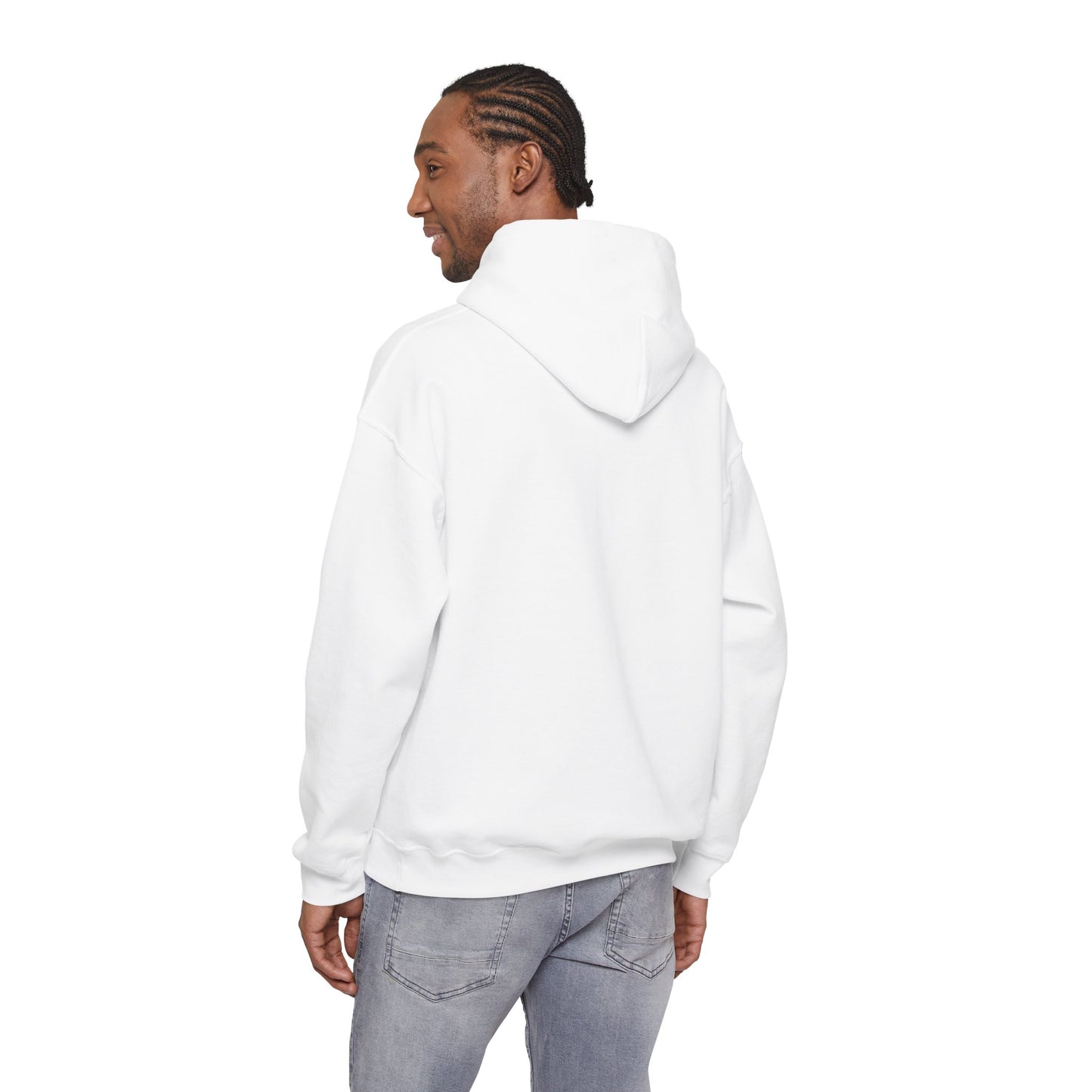 Person wearing a white hoodie with text on the back, standing against a white background