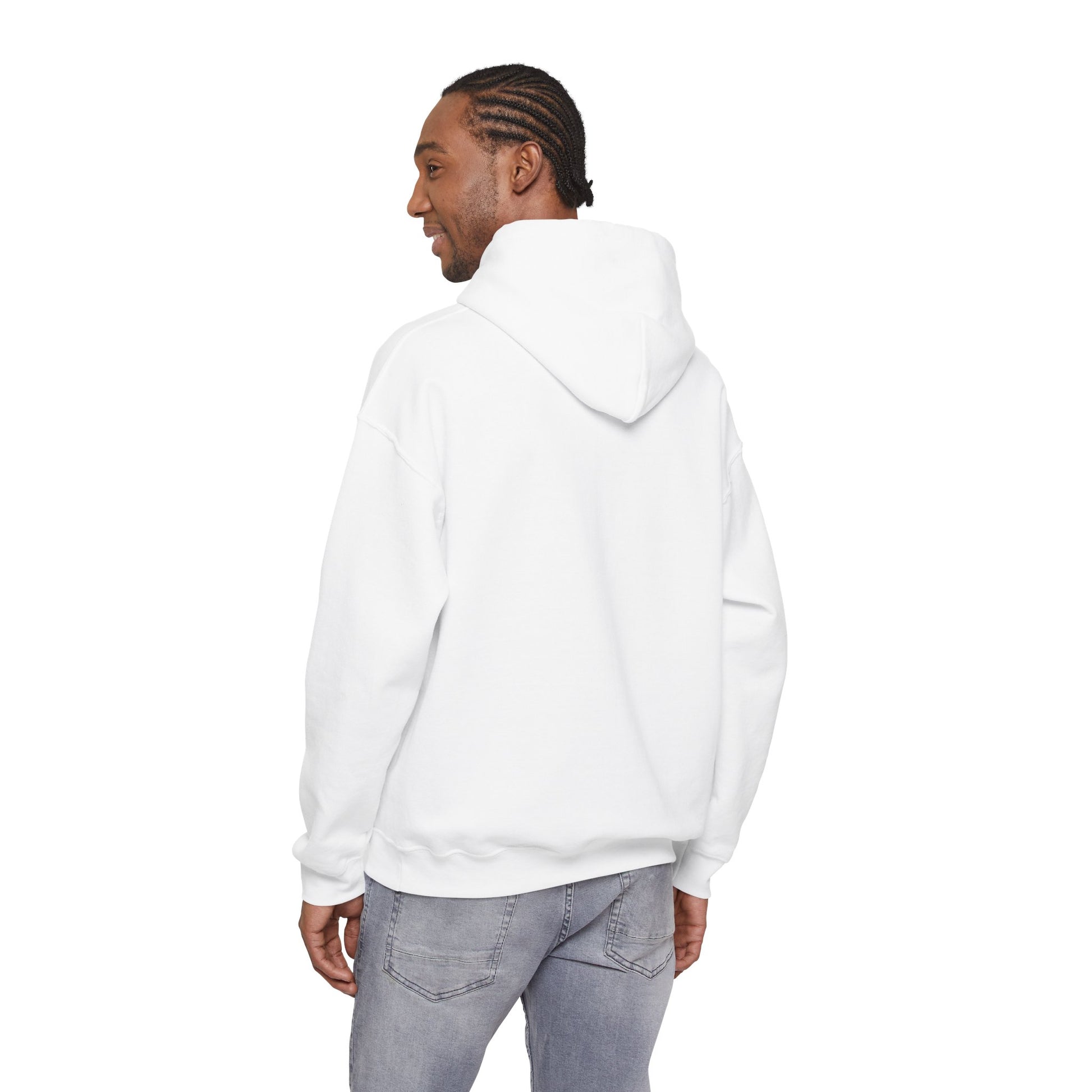 Person wearing a white hoodie with text on the back, standing against a white background