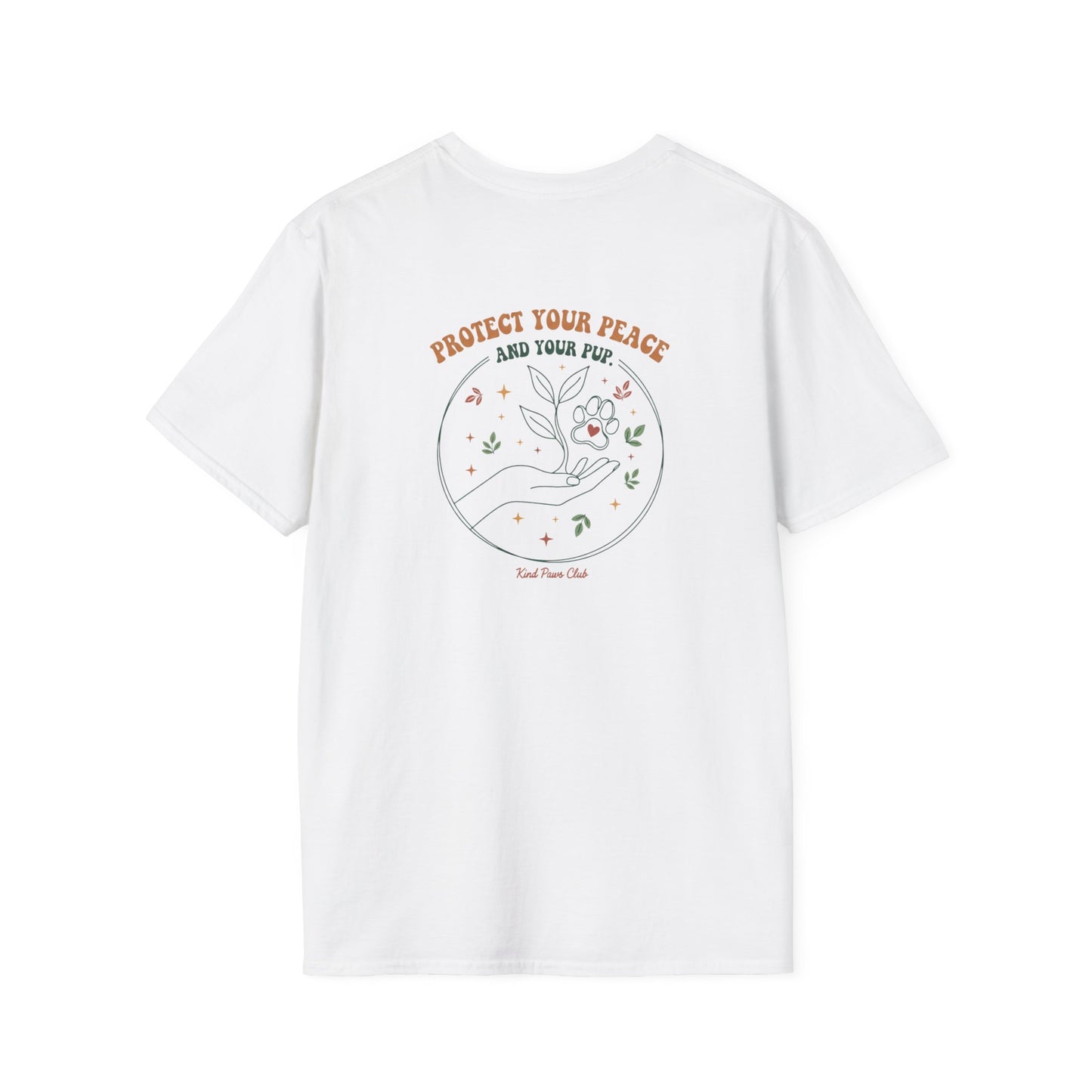 White t-shirt with a graphic design and text on a white background