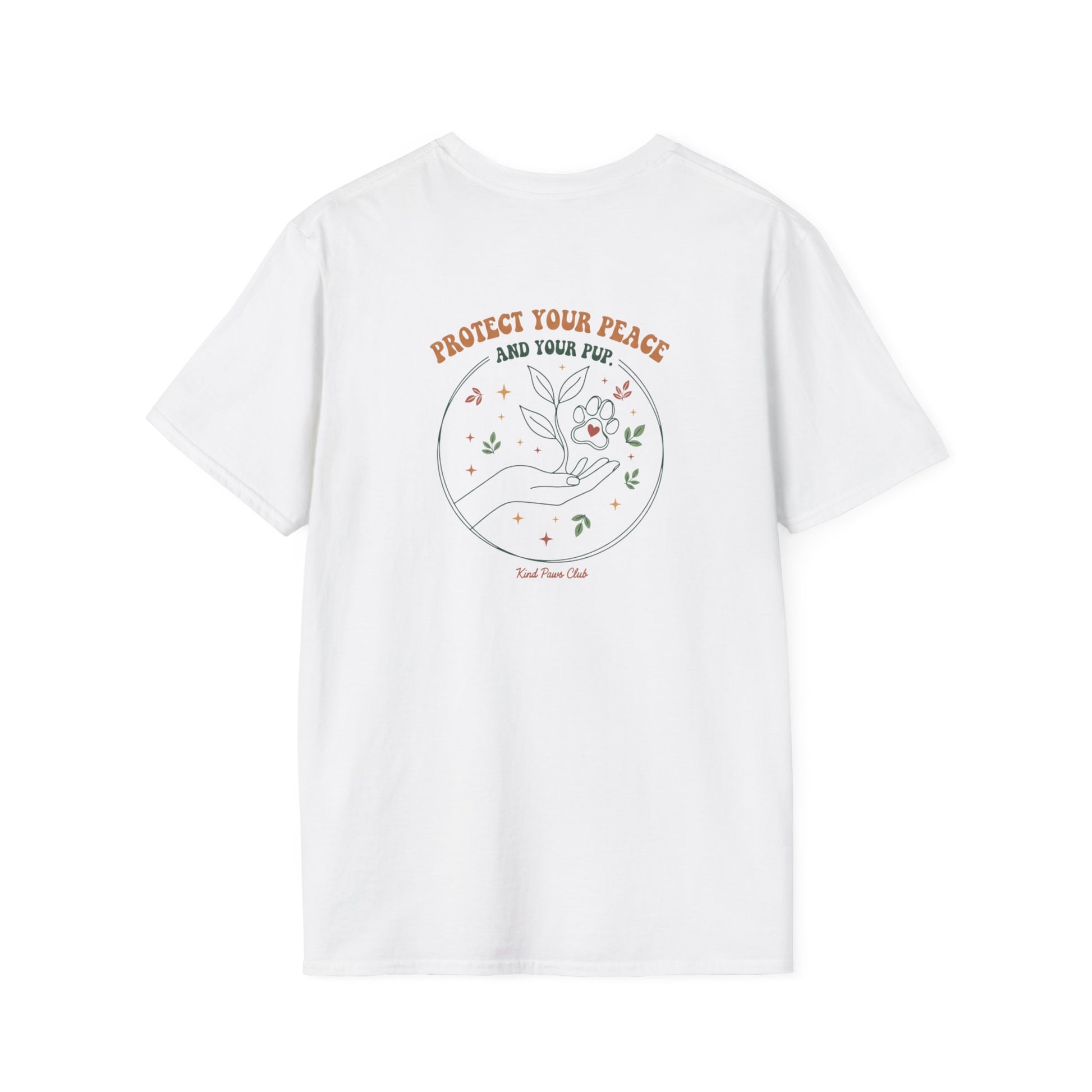 White t-shirt with a graphic design and text on a white background