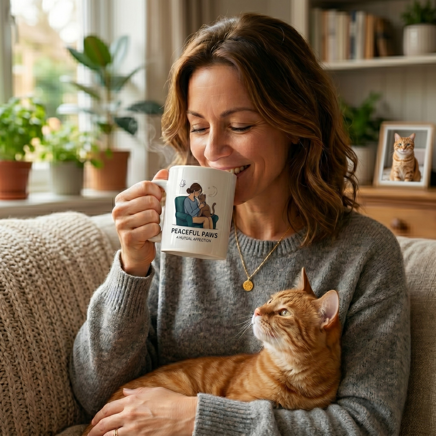 Peaceful Paws Cat Mom Mug - Minimalist Mutual Affection Coffee Cup