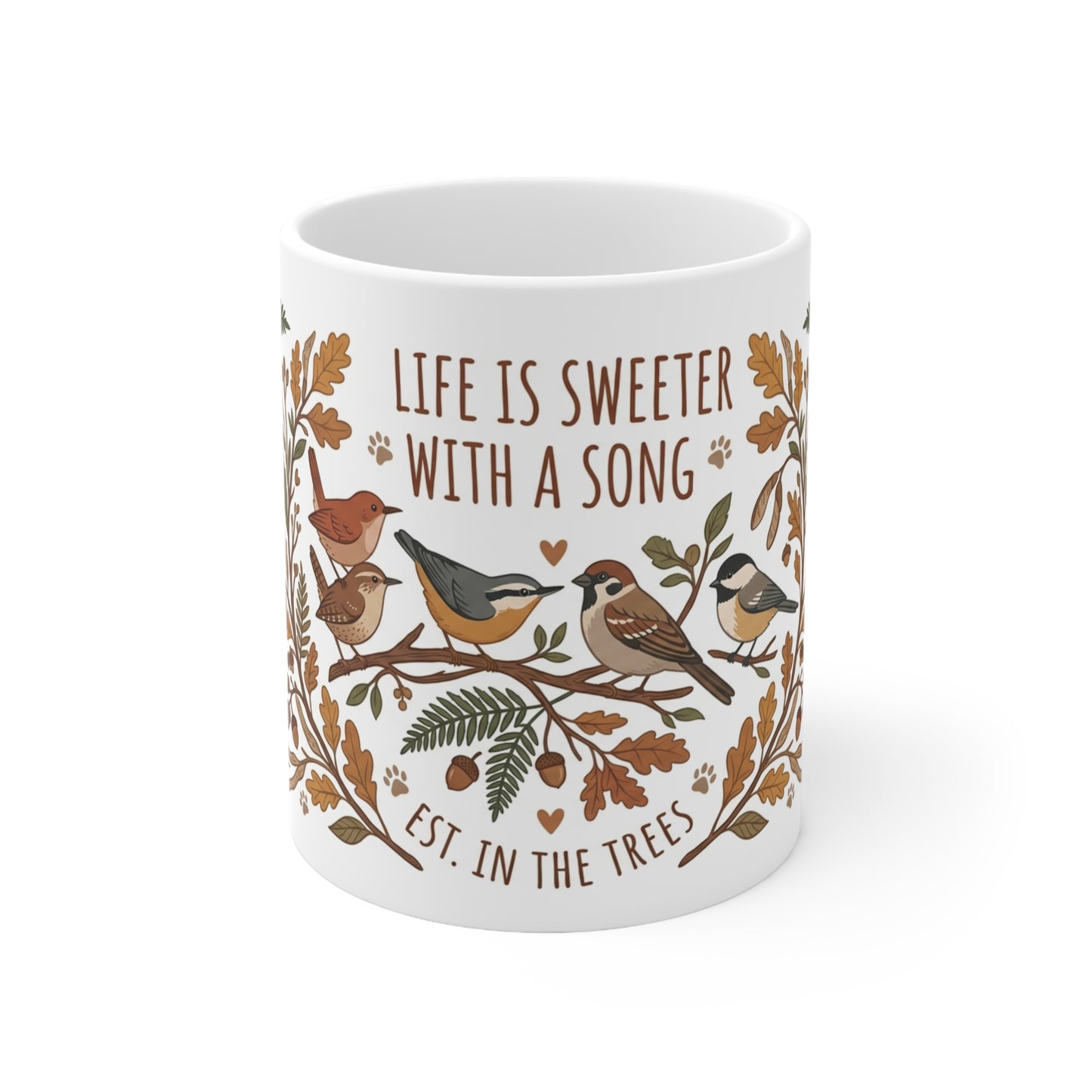 Ceramic Mug — "Life Is Sweeter With a Song" Bird & Autumn Leaf Coffee Cup (11oz)