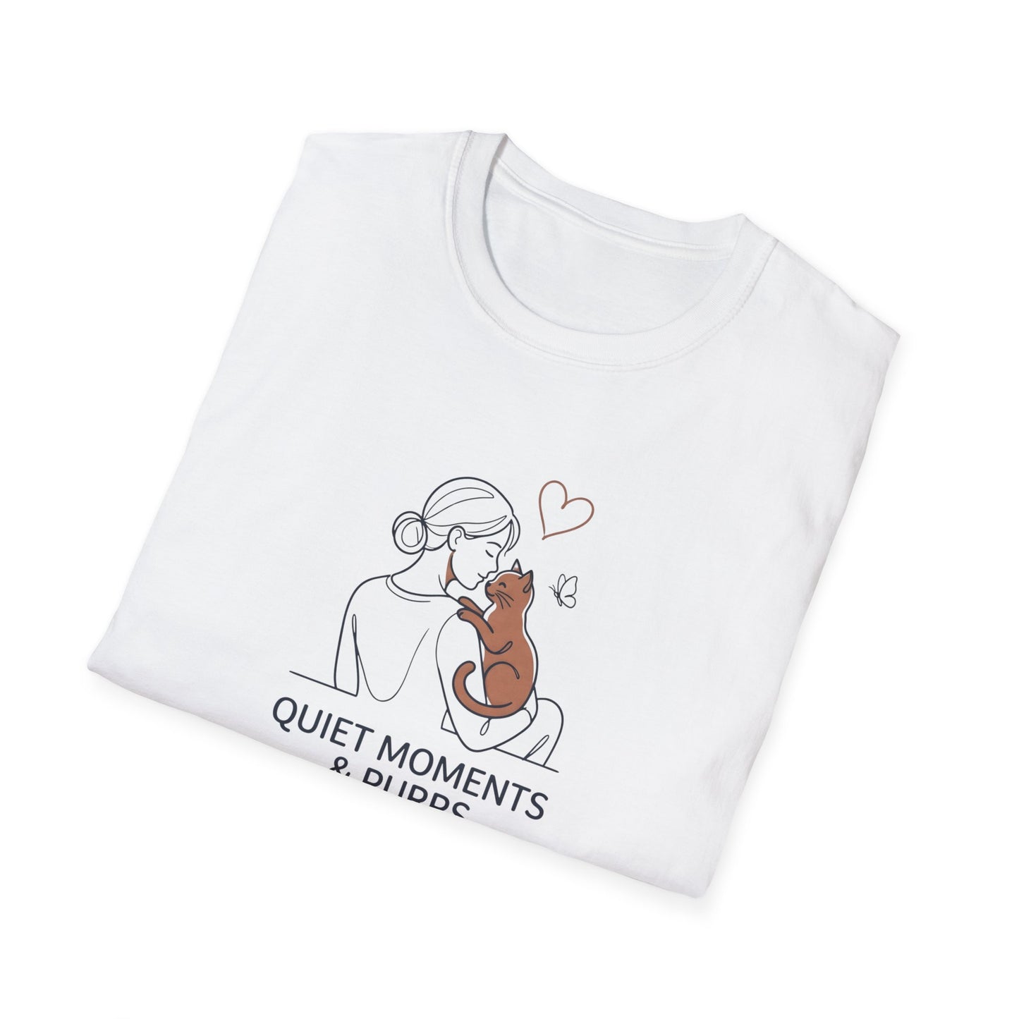 White t-shirt with a graphic of a woman holding a cat and text 'Quiet Moments & Puddles' on a white background