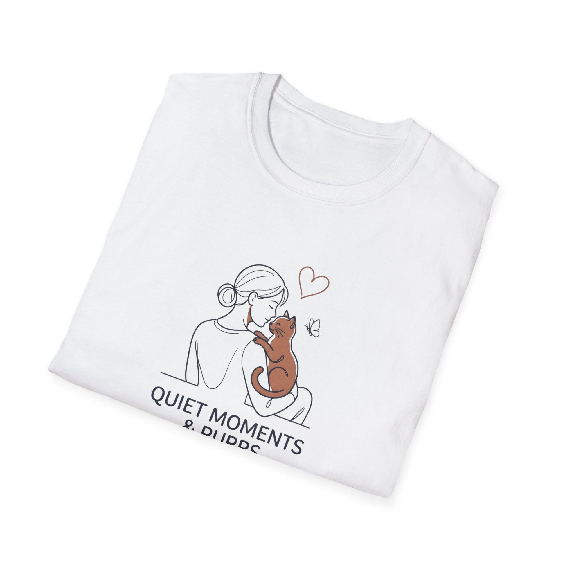 White t-shirt with a graphic of a woman holding a cat and text 'Quiet Moments & Puddles' on a white background