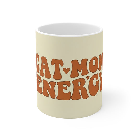 Cat Mom Energy Retro Mug | 11oz Minimalist 70s Ceramic Coffee Cup