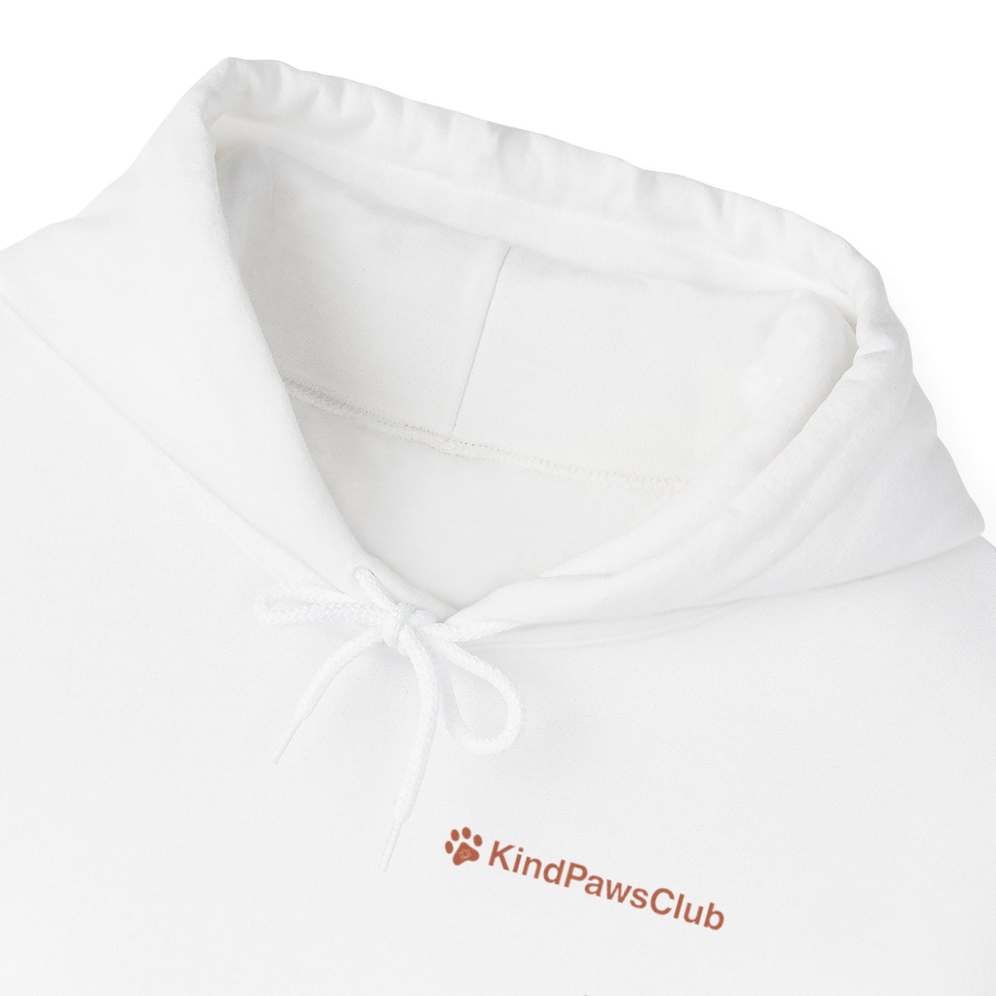 White hoodie with 'KindPawsClub' logo on a white background
