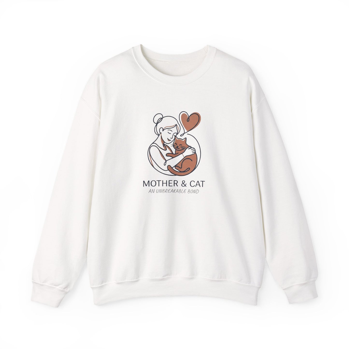 White sweatshirt with a graphic of a woman holding a cat and a heart, with text 'Mother & Cat' on a white background.