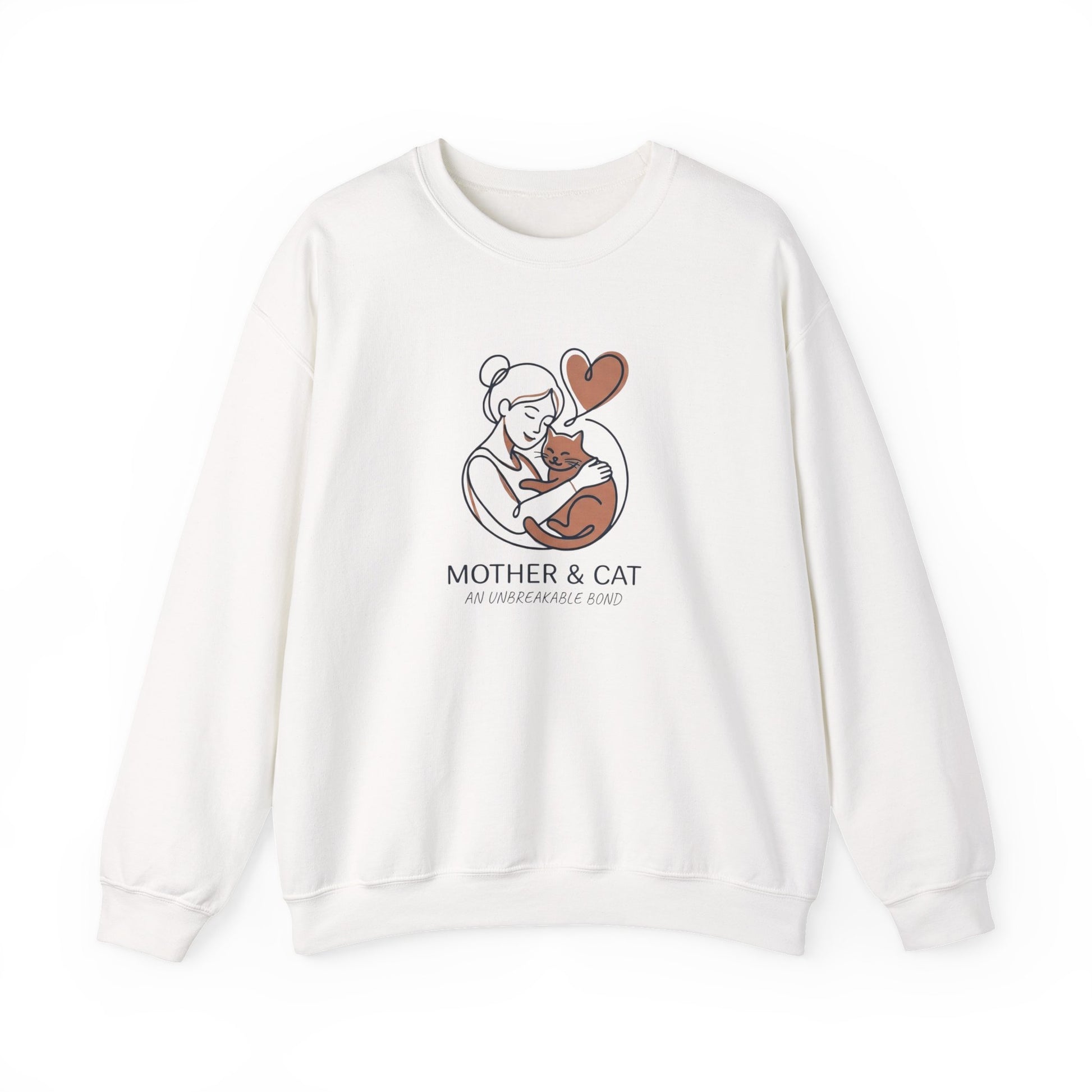 White sweatshirt with a graphic of a woman holding a cat and a heart, with text 'Mother & Cat' on a white background.