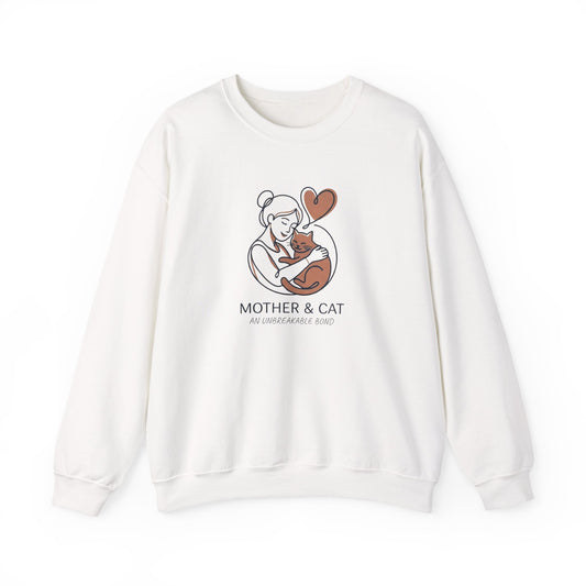 White sweatshirt with a graphic of a woman holding a cat and a heart, with text 'Mother & Cat' on a white background.