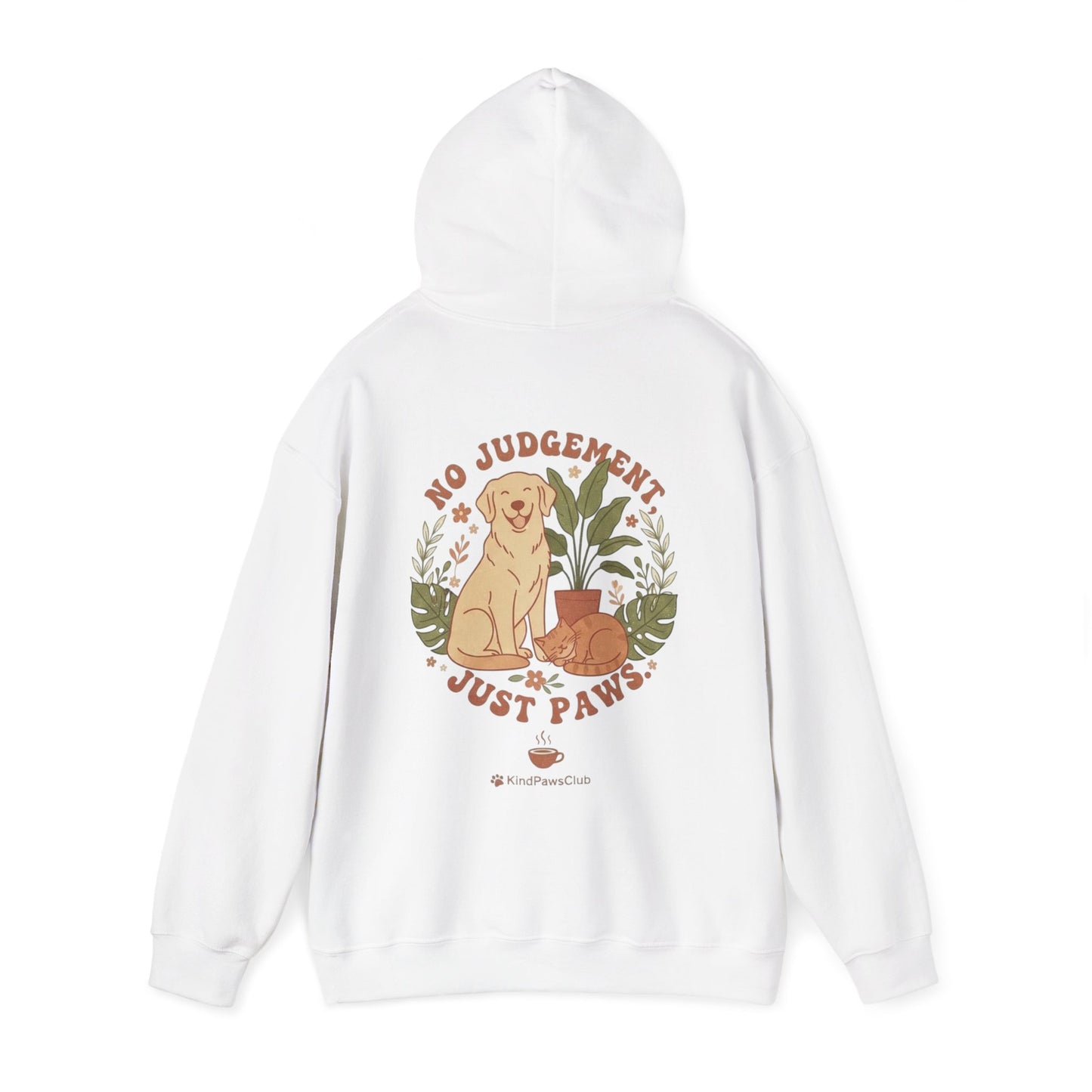 White hoodie with a graphic of a dog and text 'No Judgement Just Paws' on a white background
