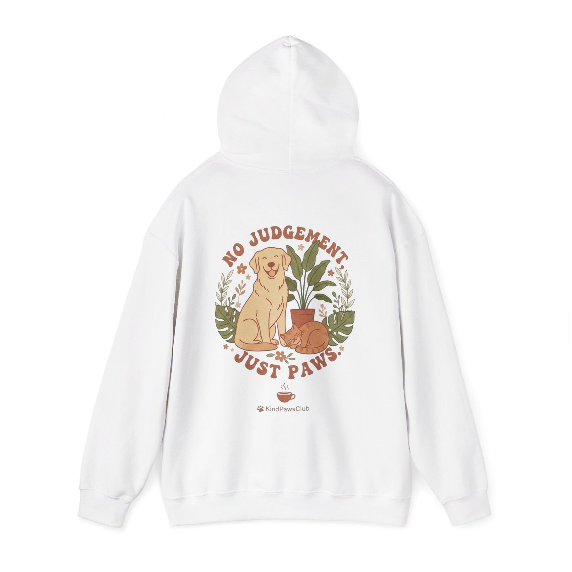 White hoodie with a graphic of a dog and text 'No Judgement Just Paws' on a white background