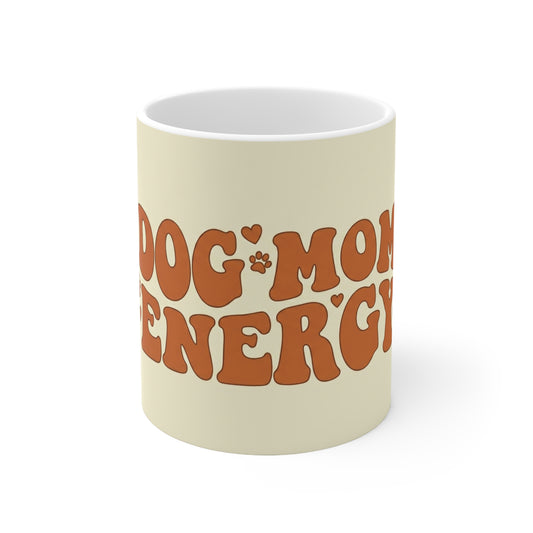 Dog Mom Energy Mug — Retro Paw Print Ceramic Coffee Cup (11oz & 15oz)
