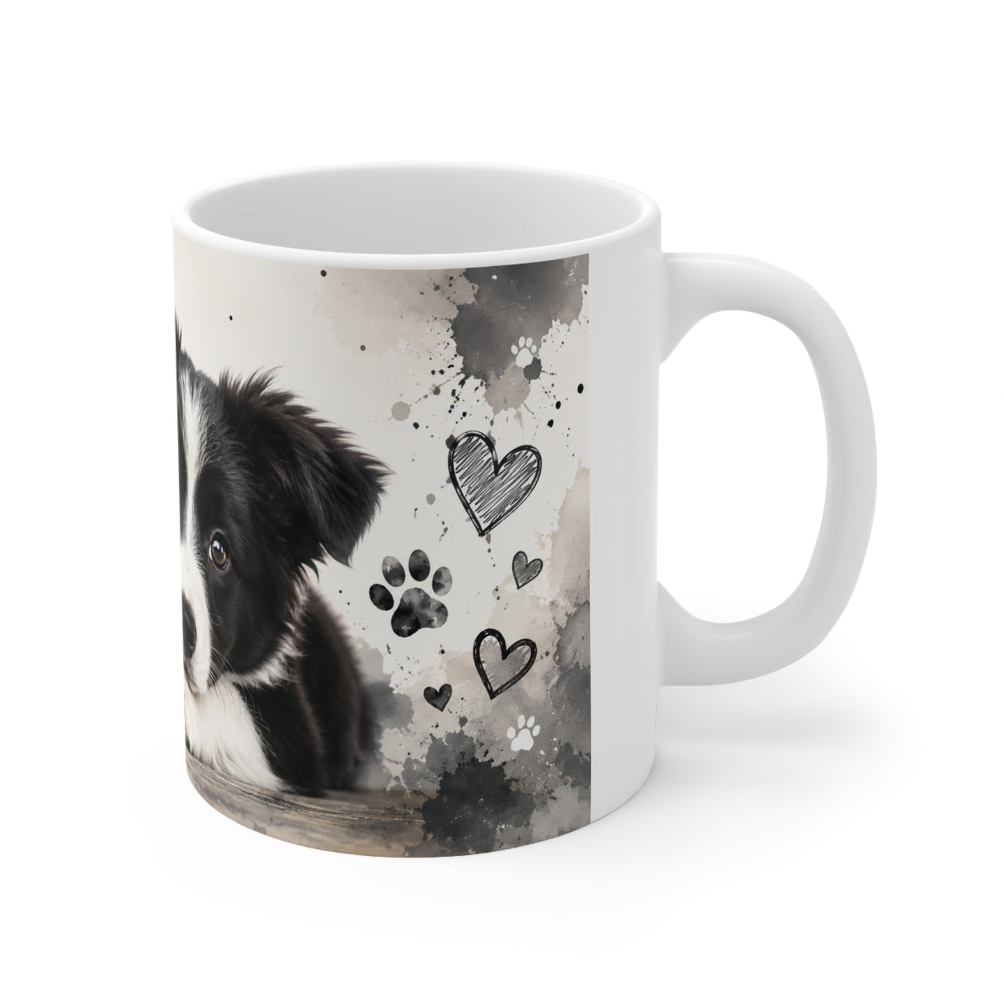 Mug with a design of a dog, paw prints, and hearts on a white background