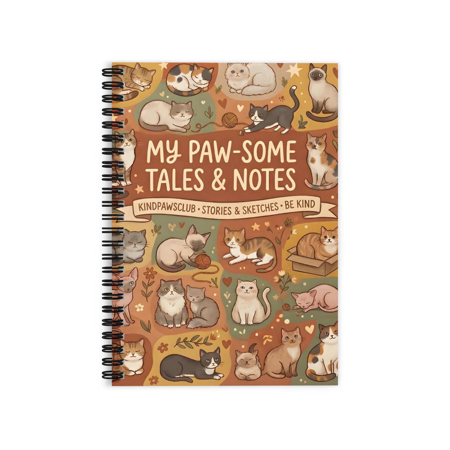 Notebook with cat illustrations and text on a white background