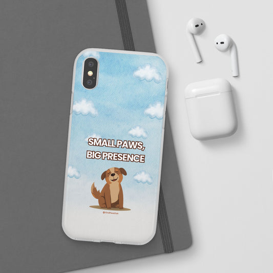 Phone case with a dog illustration and text 'Small Paws, Big Presence' on a blue sky background, next to earbuds and a white case.