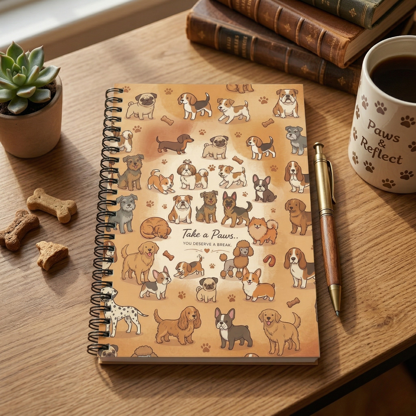 "Take a Paws" Dog Breed Pattern Spiral Notebook – Cute Earth-Tone Stationery for Dog Lovers