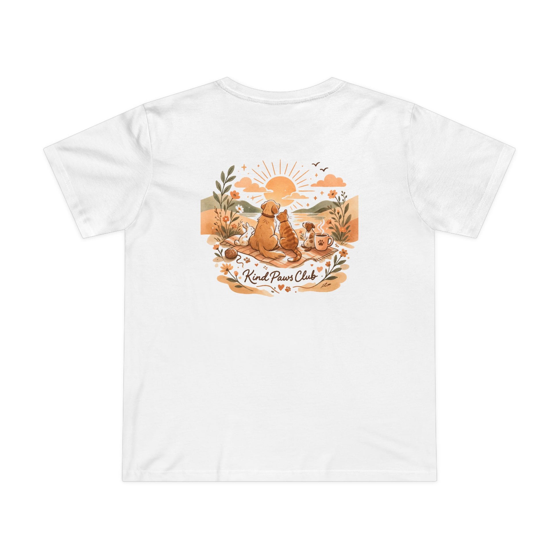 White t-shirt with a graphic design of two animals and text on a white background