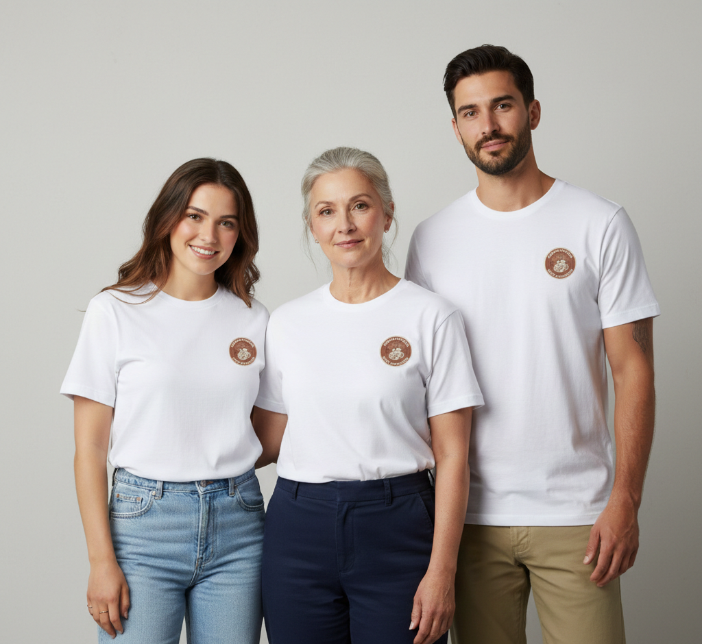 Three people wearing white t-shirts with a logo on a plain background