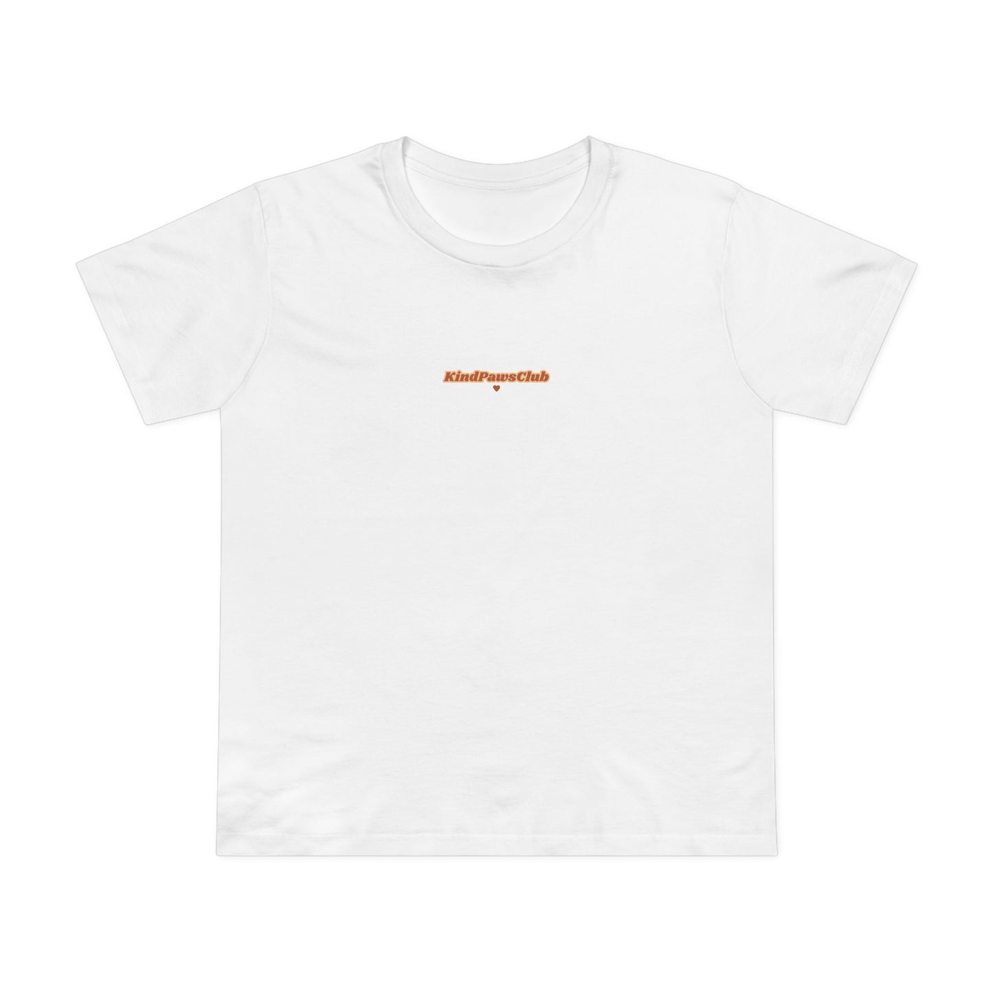 White t-shirt with red text on a white background