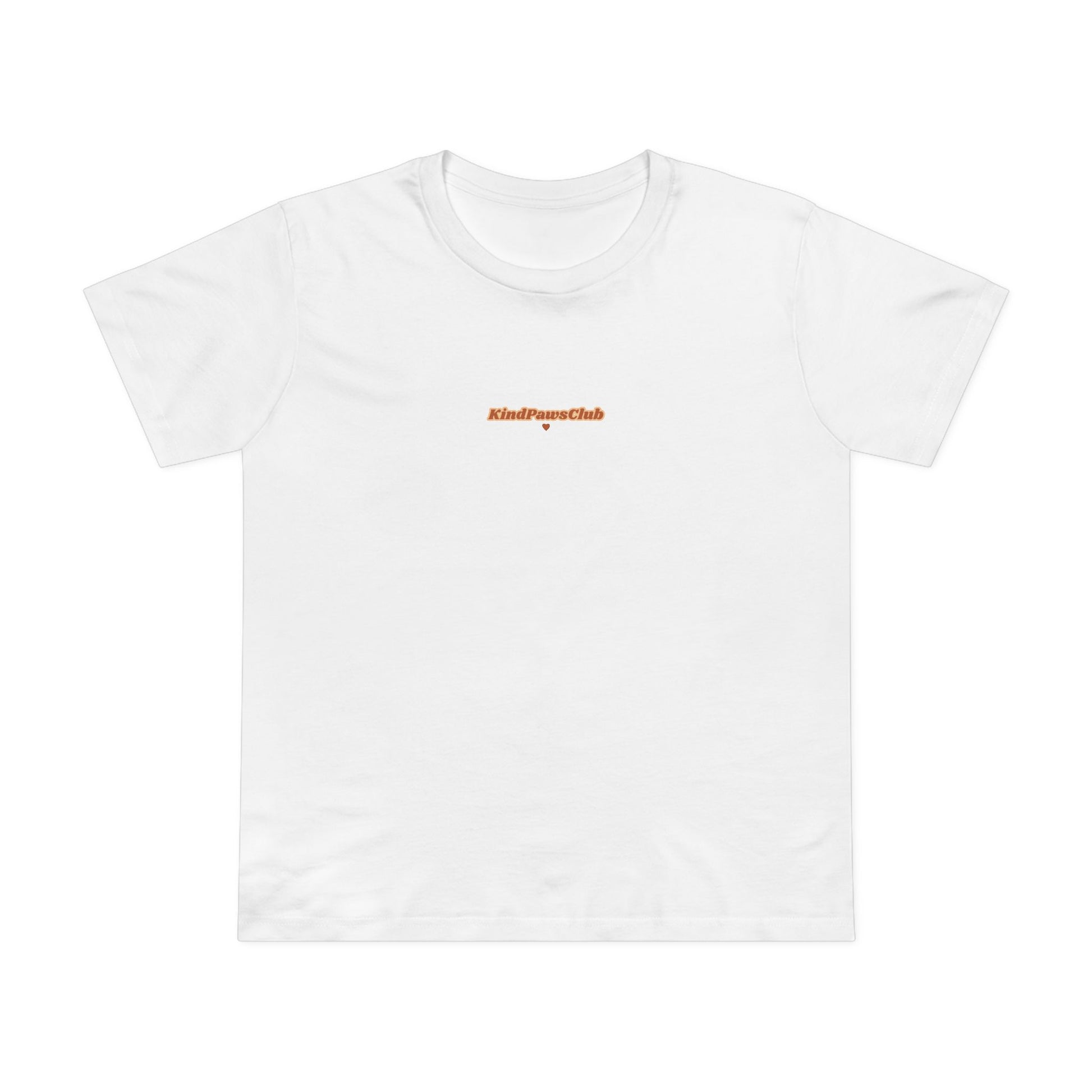 White t-shirt with red text on a white background