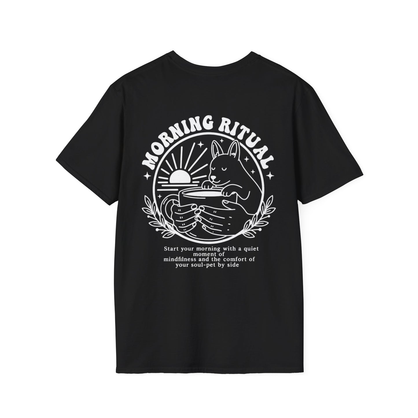 Black t-shirt with white graphic and text on a white background