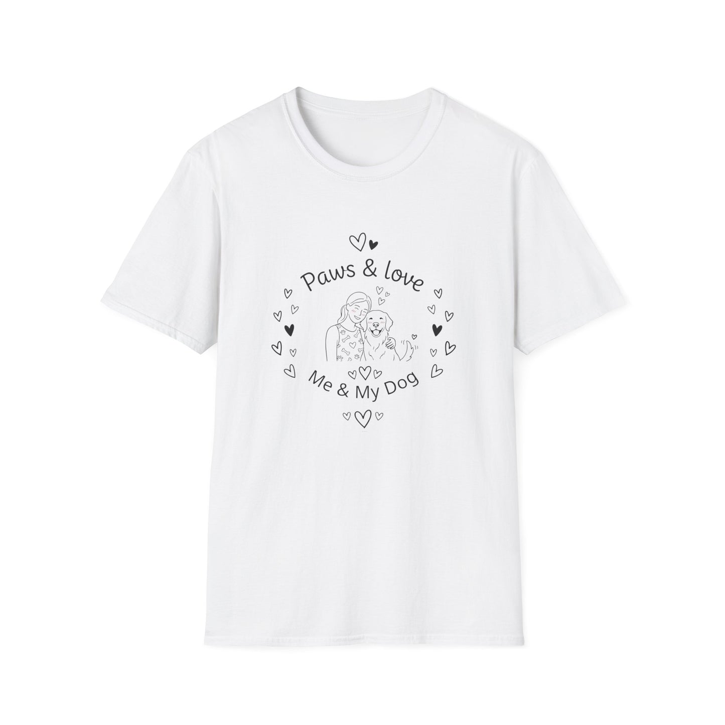 White t-shirt with 'Paws & Love Me & My Dog' text and graphic on a white background