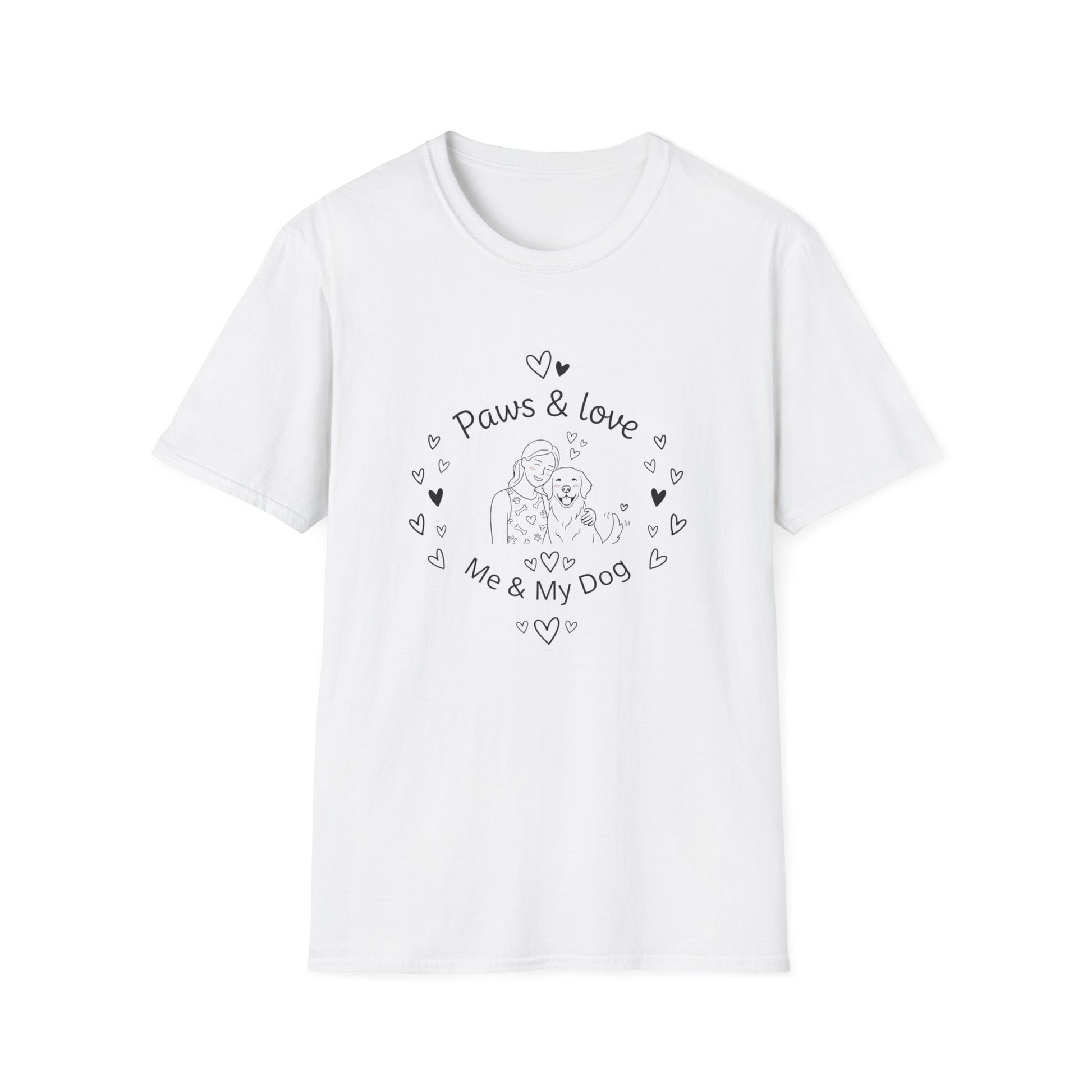 White t-shirt with 'Paws & Love Me & My Dog' text and graphic on a white background