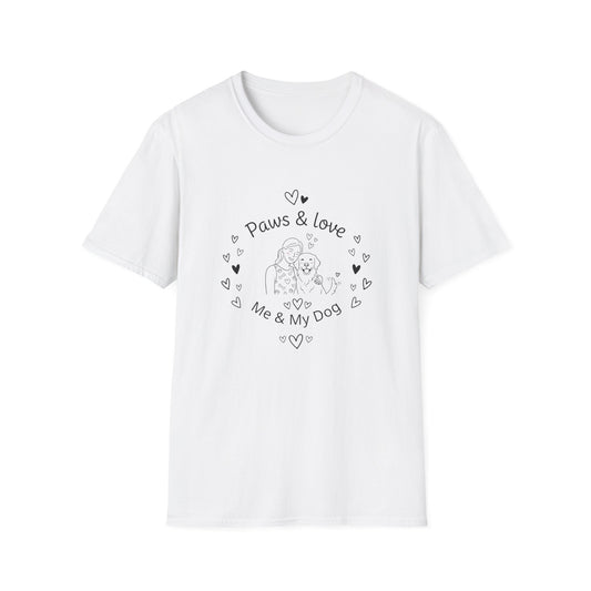 White t-shirt with 'Paws & Love Me & My Dog' text and graphic on a white background