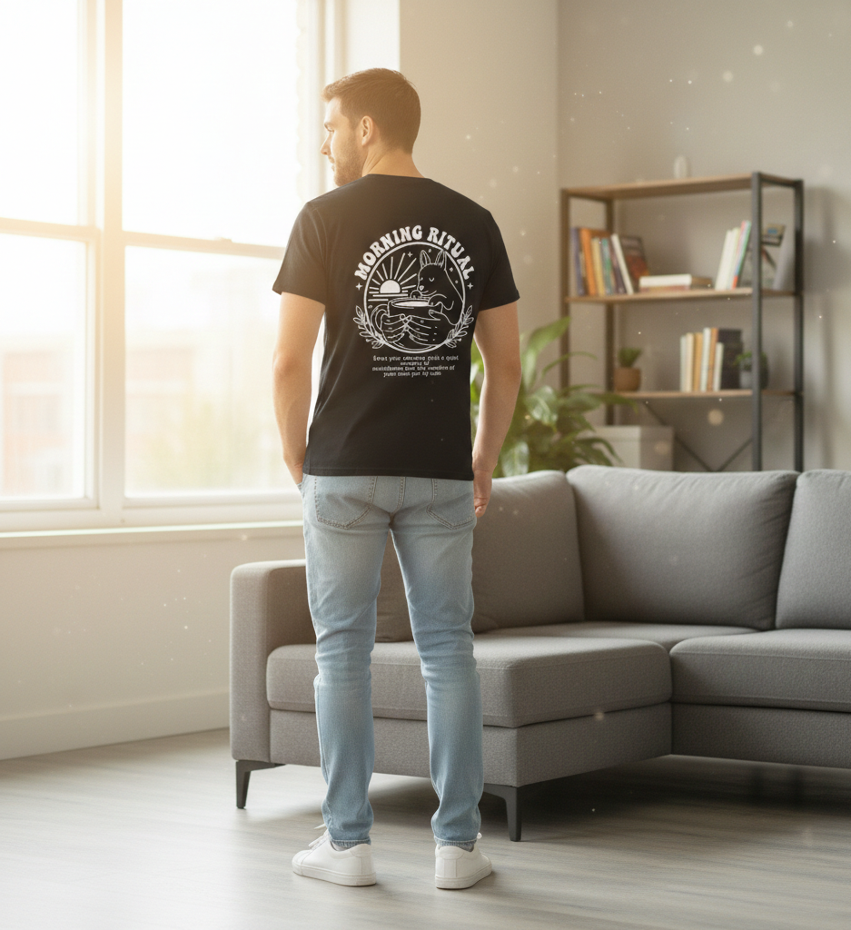 Man wearing a black t-shirt with 'Morning Ritual' design in a living room.
