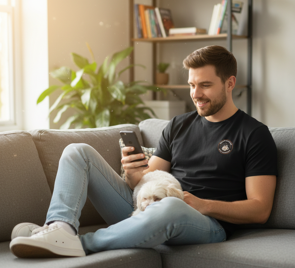 Man sitting on a couch with a dog, using a smartphone in a cozy living room.
